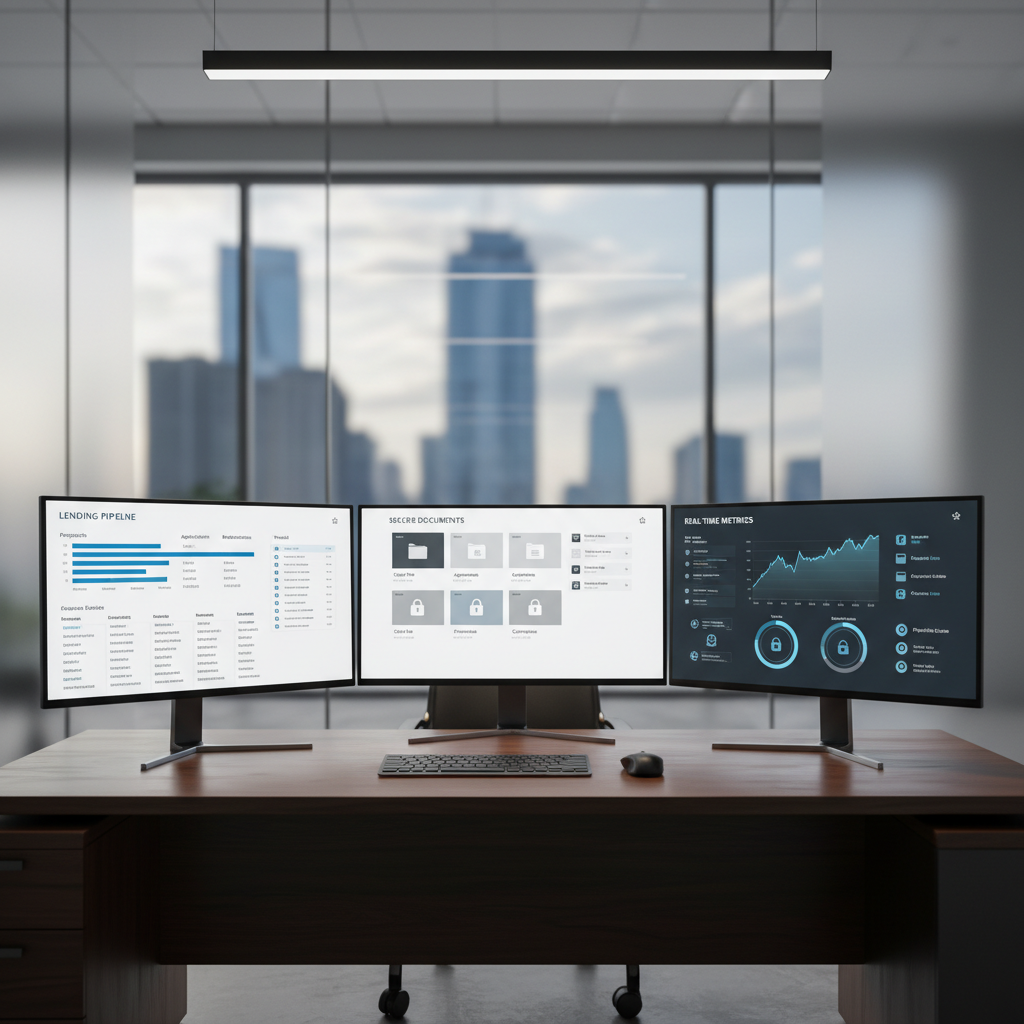 A row of three ultra-thin, frameless monitors on a dark walnut desk, each screen displaying different clean loan portal dashboards: one with a summarized lending pipeline, one with secure document folders, and one with a real-time metrics panel in blues and grays. The workspace is set in a minimalist office with glass partitions and a blurred city skyline beyond. Soft morning daylight streams through, combining with subtle cool overhead LEDs to create balanced, neutral lighting. Shot from a slightly elevated angle with shallow depth of field, focusing sharply on the pixel-perfect interfaces. Photographic realism with a corporate, professional mood, emphasizing clarity, organization, and confidence in private lending operations.
